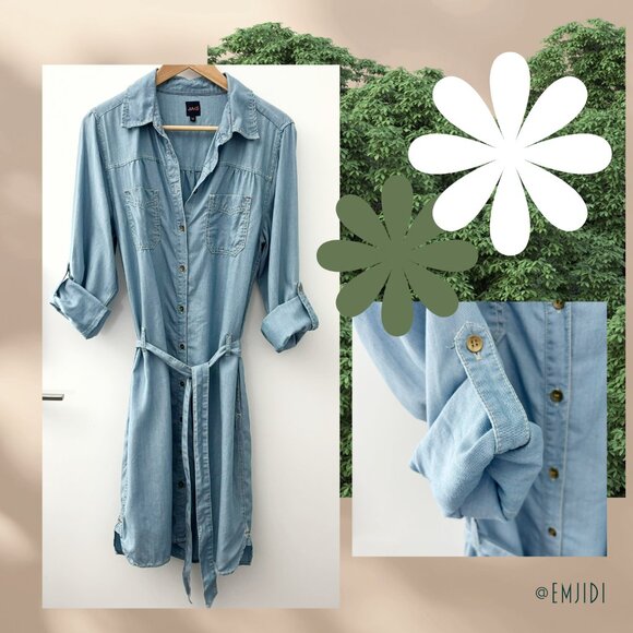 Lightweight Chambray Denim Long Sleeve Tunic Button Up Dress with Belt - Picture 2 of 13